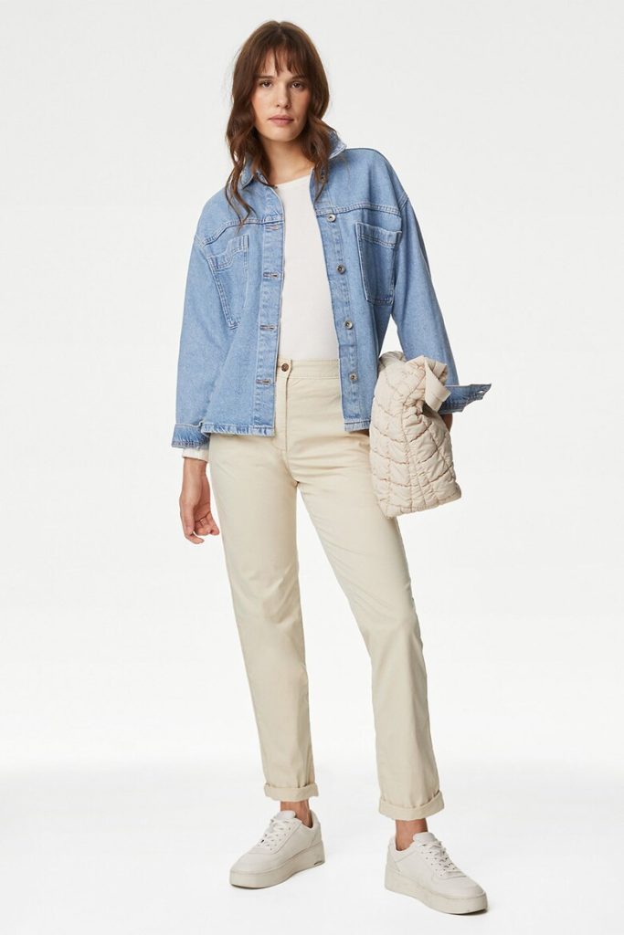 beige and blue outfit