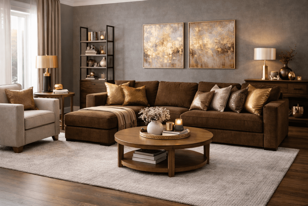 Brown and metallic shades living room