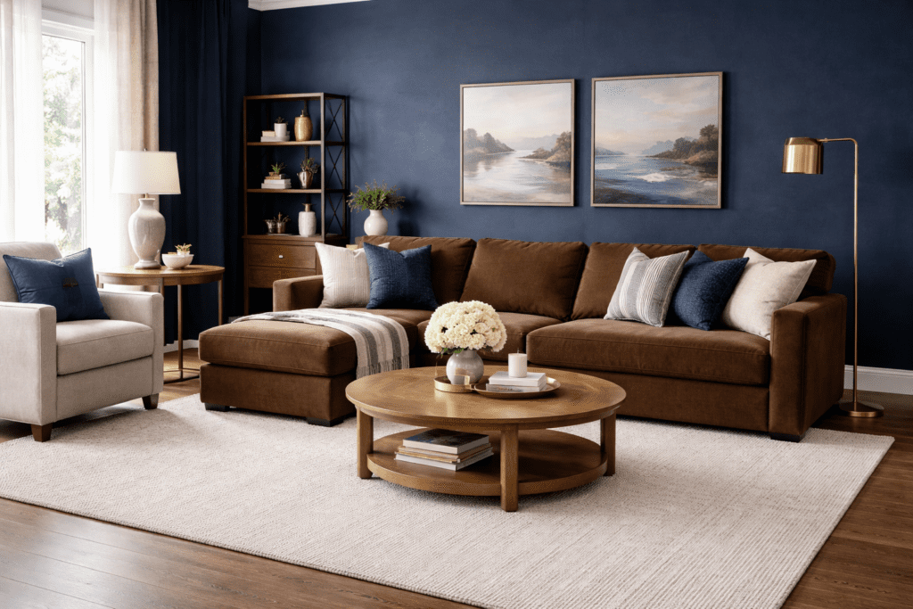 Living room with blue coastal accents