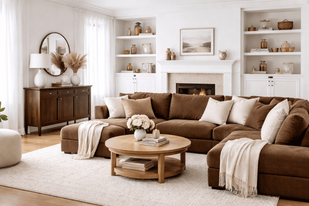 Living room with brown and white accents
