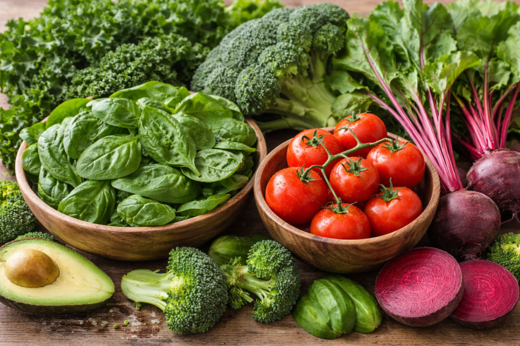 Vegetables rich in iron Spinach, Green vegetables (kale, broccoli), Beet, and Tomatoes on a rustic table