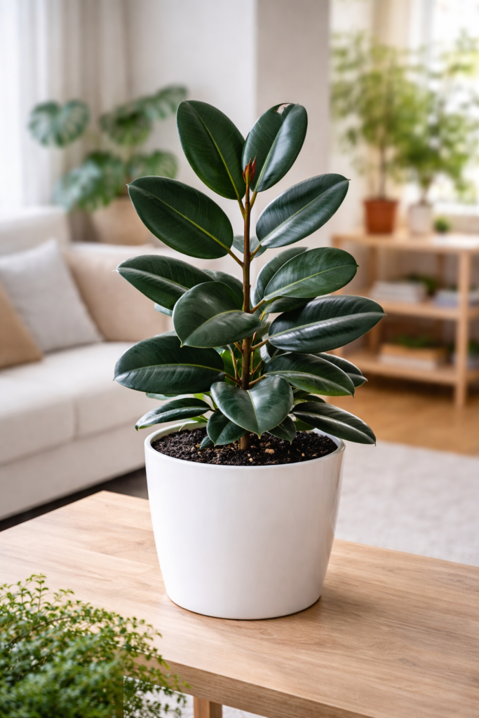 evergreen plant Ficus elastica, in a modern living room