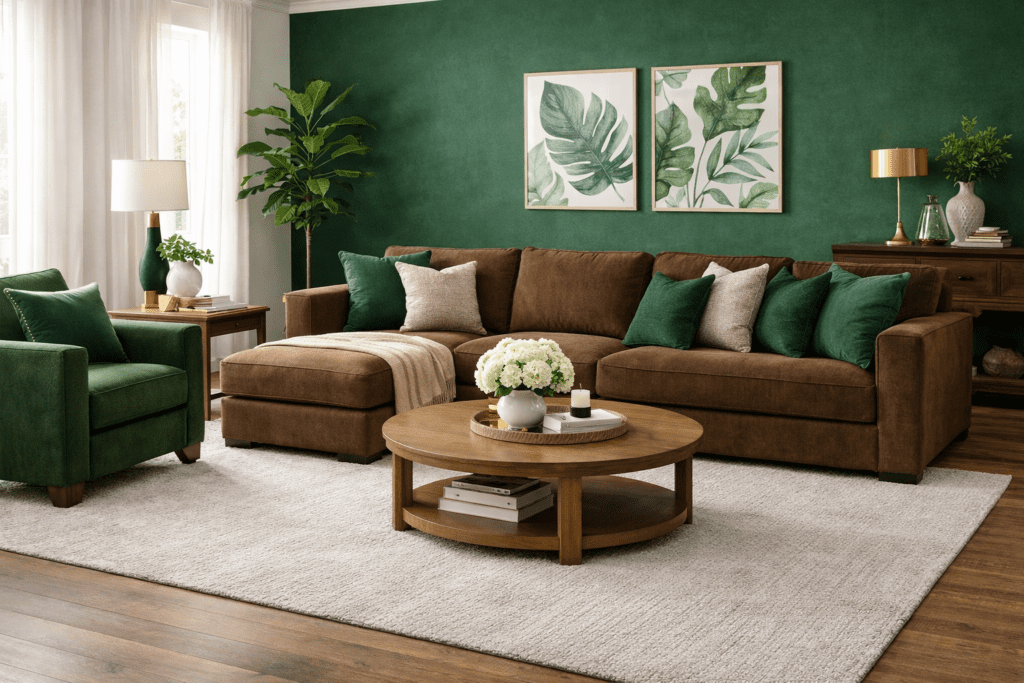 living room with emerald green tones and brown