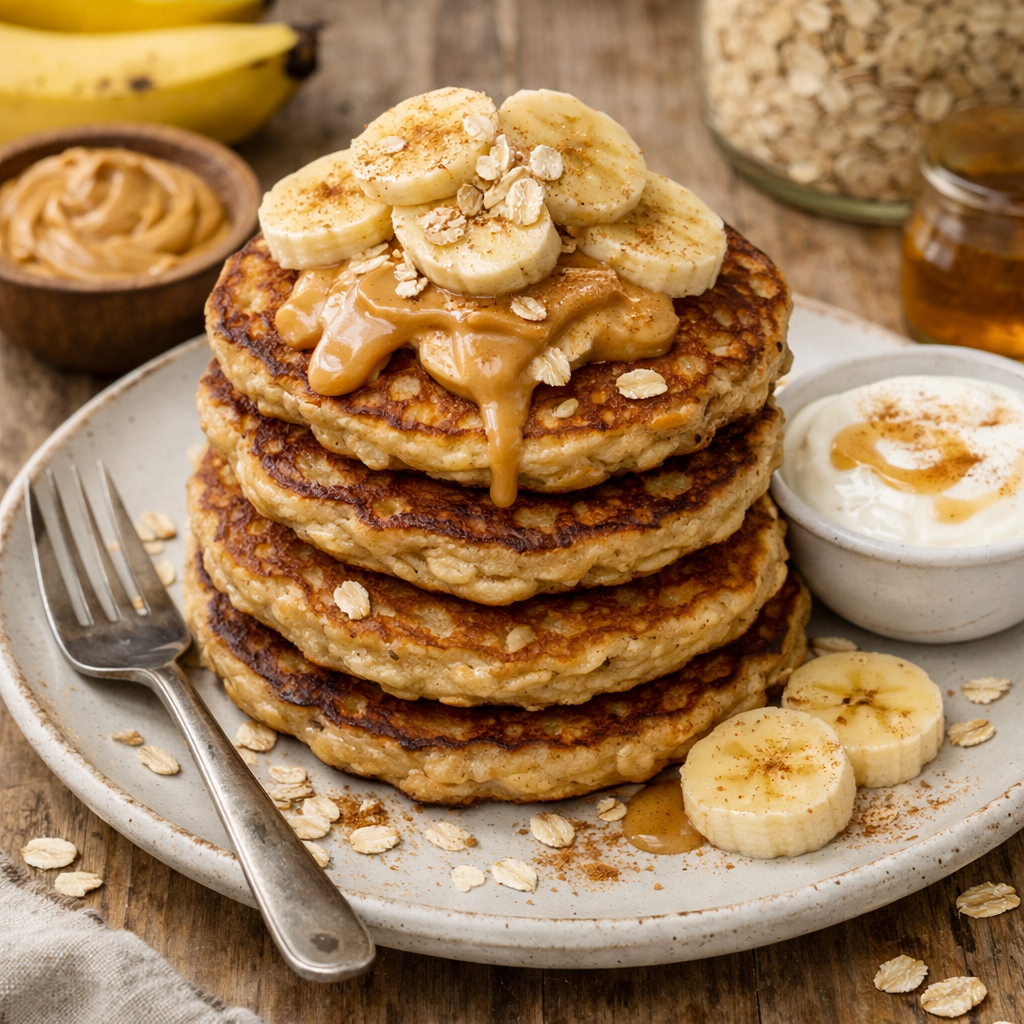 American Banana Pancakes served as a stack on a plate, with peanut butter on them