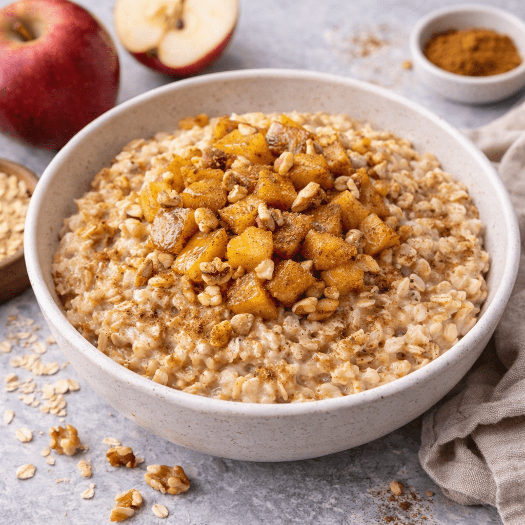 Apple Pie-Flavored Oatmeal with nuts on top