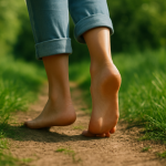 Barefoot feet on the grass, with the silhouette of a person maintaining balance on a natural path.