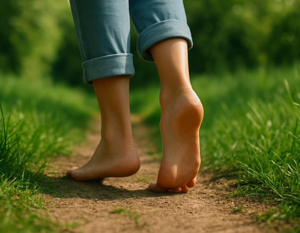Picioare desculțe pe iarbă, cu silueta unei persoane care își menține echilibrul pe o potecă naturală.