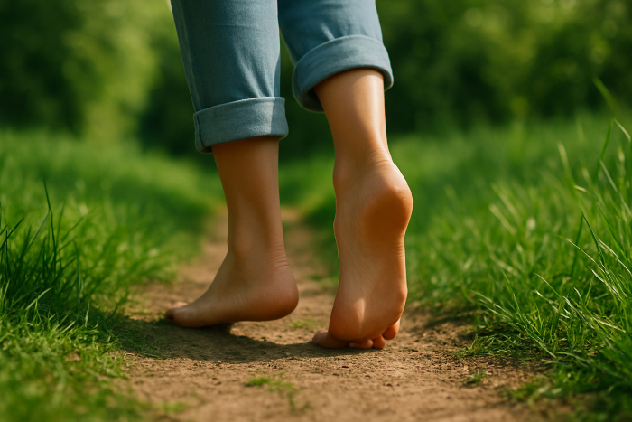 Barefoot feet on the grass, with the silhouette of a person maintaining balance on a natural path.