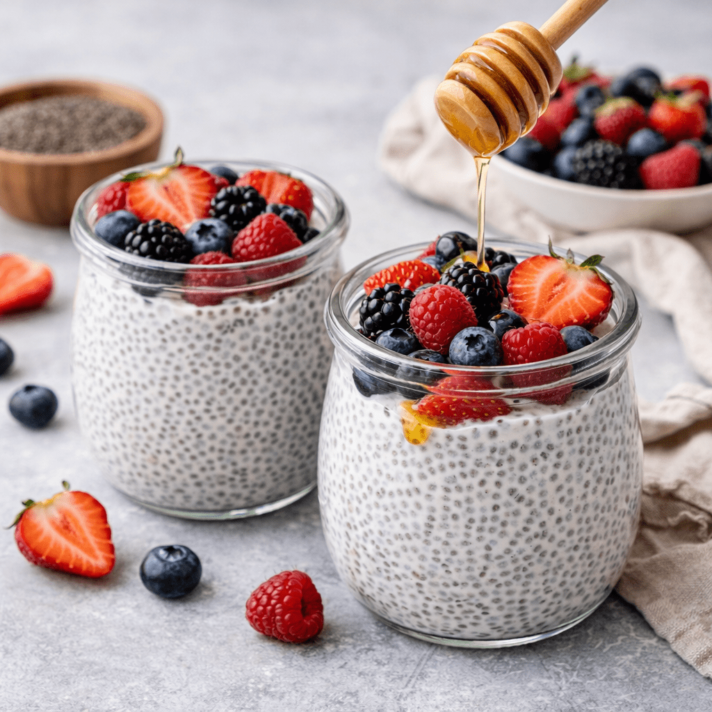 Chia Pudding with fresh fruits served in a transparent glass