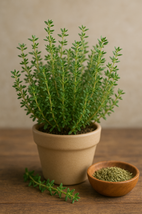 Cimbru cu frunzulițe mici, înflorit sau nu, într-un ghiveci ceramic mic