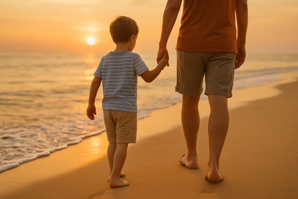Child and parent walking barefoot hand in hand on a beach at sunset.
