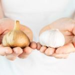 the person holding a head of garlic in one hand and an onion in the other