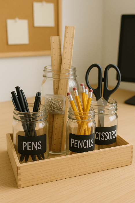 Storage boxes and desk organizers from jars