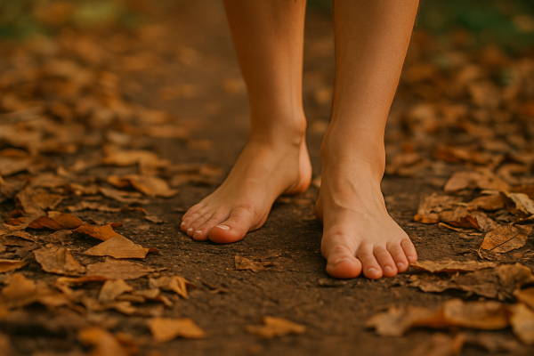 Detail of bare feet on a carpet of leaves or a dirt path