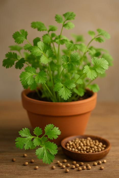 Ghiveci cu coriandru proaspăt, frunzele delicate, aproape similare cu pătrunjelul, dar cu aspect mai subțire.