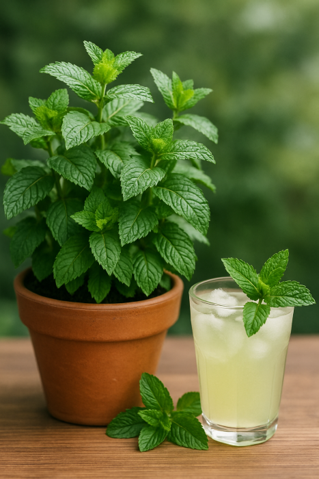 Ghiveci cu mentă bogată, frunze ușor zimțate, de un verde intens