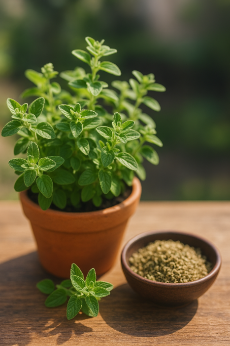 Ghiveci cu oregano, înflorit sau cu frunzulițele ovale, în lumina soarelui.