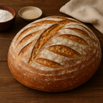 Homemade bread, placed on the table, next to a small bowl of salt and a small lump of yeast