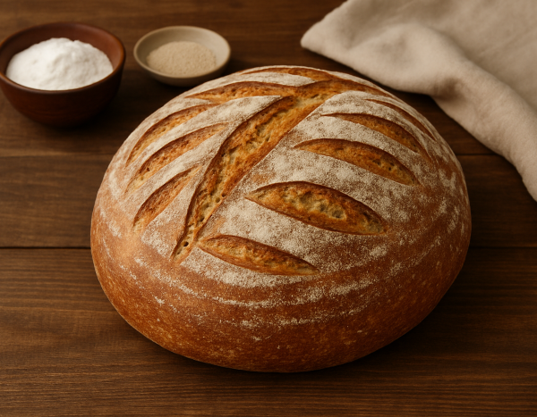 Homemade bread, placed on the table, next to a small bowl of salt and a small lump of yeast