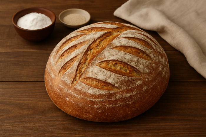 Paine facuta in casa, asezata pe masa, langa un bol mic de sare si un blo mic de drojdie