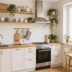 Imagine panoramică cu o bucătărie mică, dar luminoasă, ordonată, cu spații de depozitare bine gândite și plante verzi pentru un plus de prospețime.