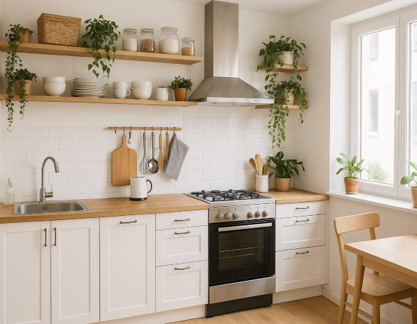 Panoramic image of a small but bright, tidy kitchen with well-thought-out storage spaces and green plants for added freshness.
