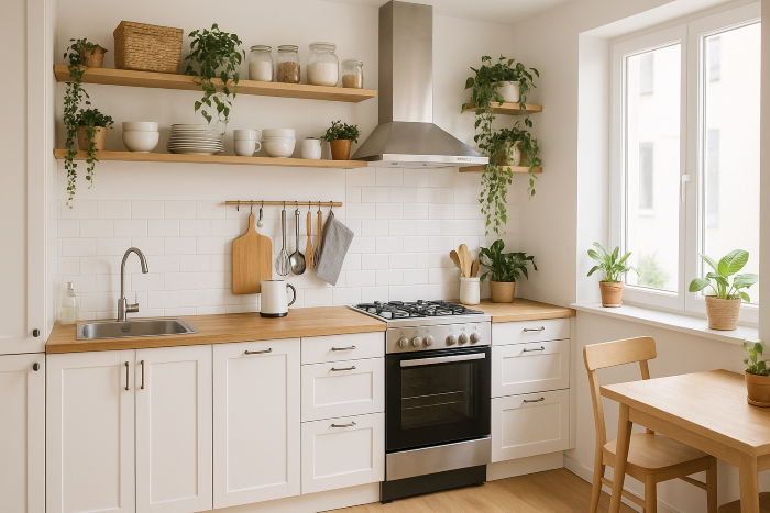 Imagine panoramică cu o bucătărie mică, dar luminoasă, ordonată, cu spații de depozitare bine gândite și plante verzi pentru un plus de prospețime.