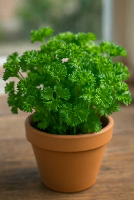 Pătrunjel crescut bogat într-un ghiveci simplu, pe o masă de lemn sau pervaz