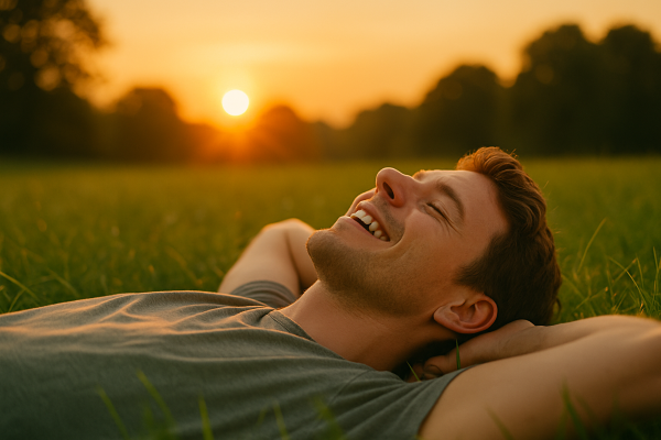 Person lying on grass with eyes closed, smiling, as the sun rises