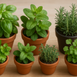 plante aromatice in ghivece de teracota: busuioc, rozmarin, patrunjel, oregano