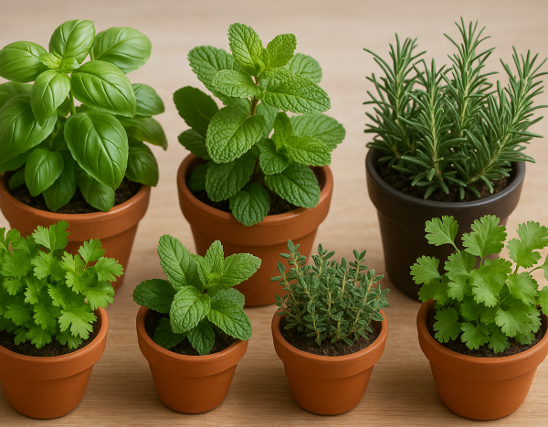 aromatic herbs in terracotta pots: basil, rosemary, parsley, oregano