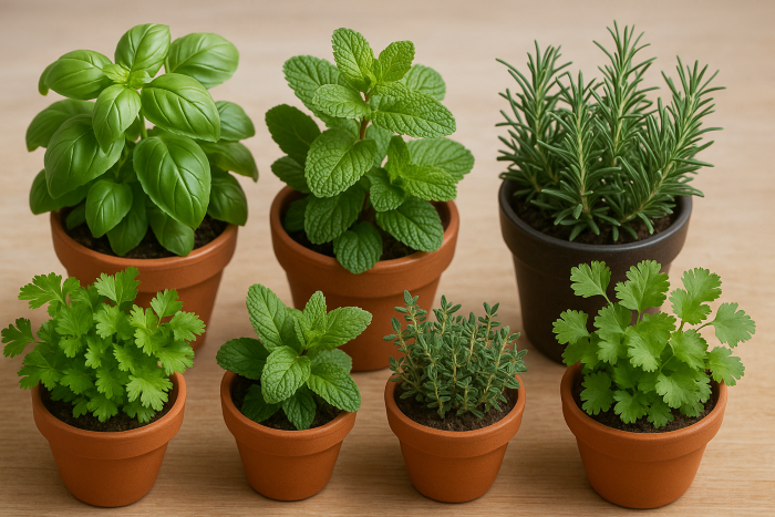 plante aromatice in ghivece de teracota: busuioc, rozmarin, patrunjel, oregano