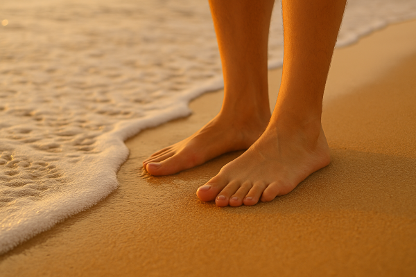 Close-up of bare feet on the sand as waves gently touch feet