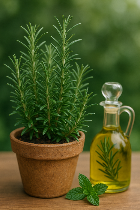 Rozmarin într-un ghiveci rustic, cu ramuri subțiri și acele alungite