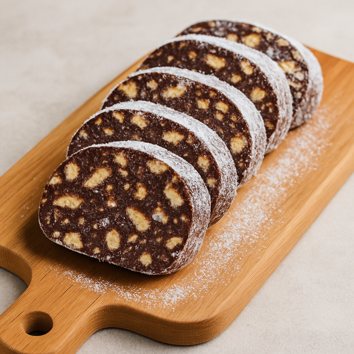 Biscuit Salami – slices of biscuit salami on a wooden board, dusted with sugar.