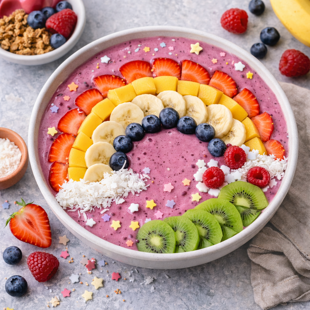 Smoothie Bowl with Colorful rainbow Design and fruits