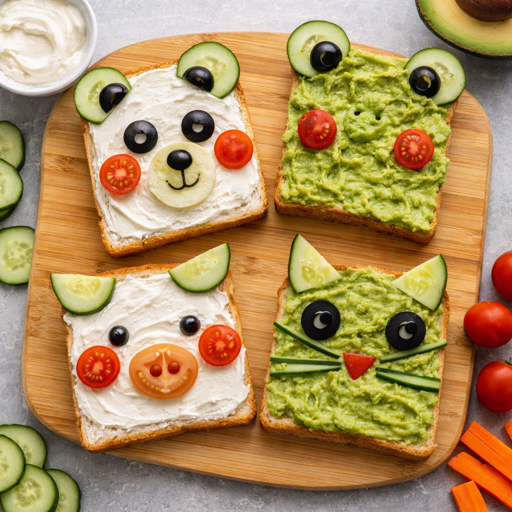 Toast with funny animal faces from vegetables