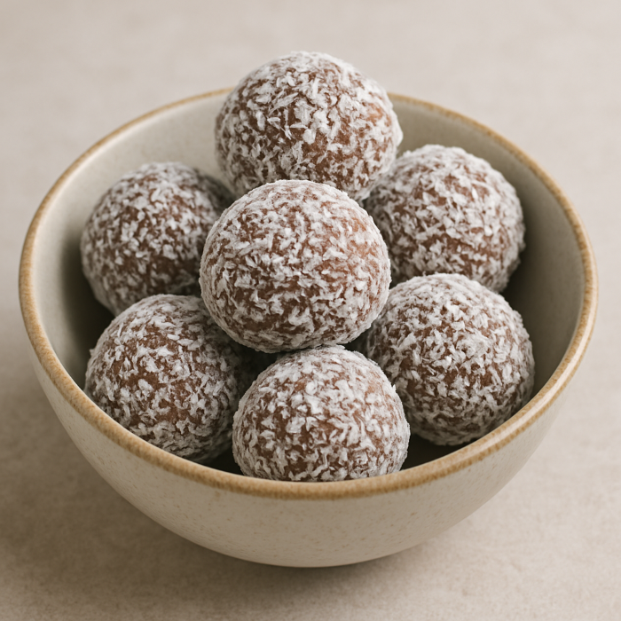 Raw vegan bonbons with nuts and dates – small balls rolled in coconut flakes, in a small ceramic bowl.
