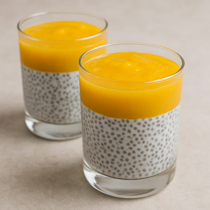 Chia pudding with coconut milk and mango – served in transparent glasses, with mango layer on top.