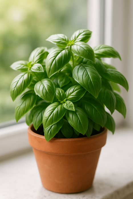 Imagine cu busuioc verde, frunze proaspete, eventual într-un ghiveci de teracotă, poziționat pe pervaz sau balcon.