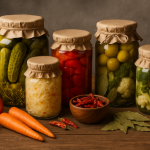 jars of preserved vegetables on a table, alongside other vegetables prepared for preservation
