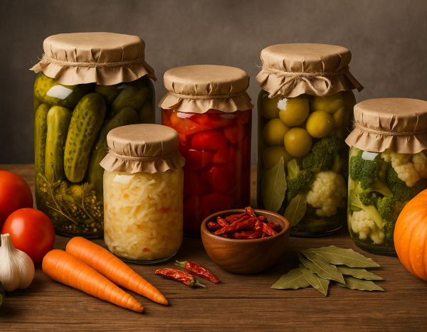 jars of preserved vegetables on a table, alongside other vegetables prepared for preservation