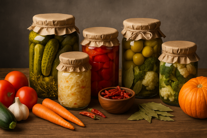 borcane cu legume conservate, pe o masa, alaturi de alte legume pregatite pentru conservare