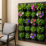 grădină verticală pe balcon cu plante verzi si flori colorate