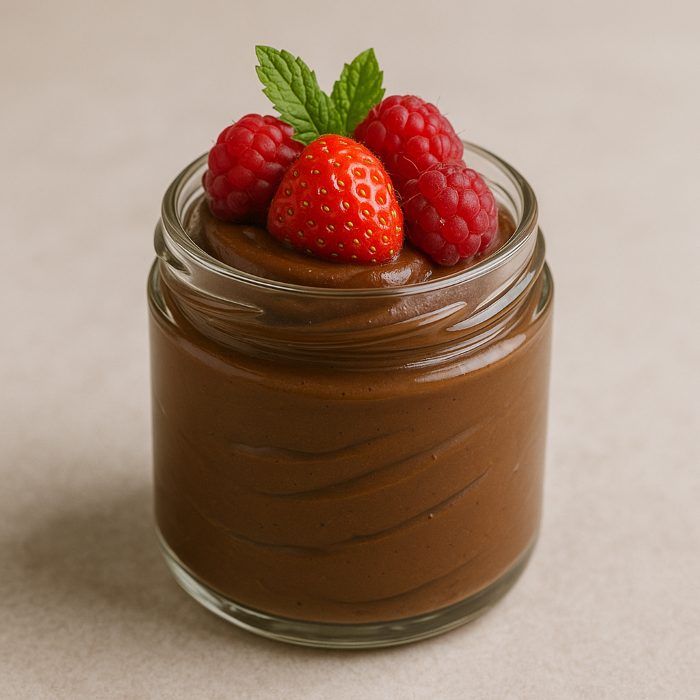 Avocado and cocoa mousse, served in a small jar, with berry toppings.