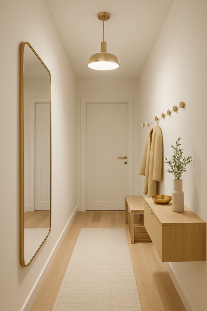amenajare hol ingust cu oglida si cuier pe perete
