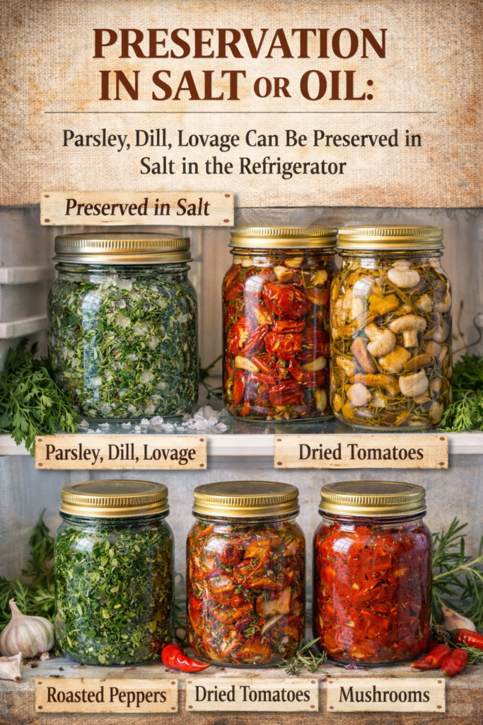 preserving herbs and vegetables in salt or oil