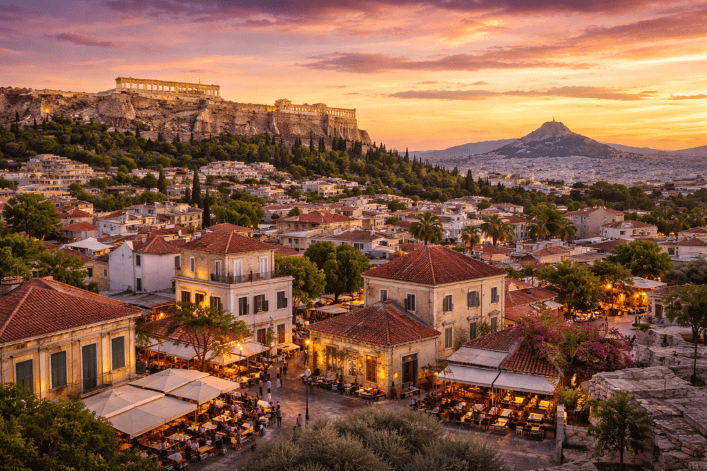 sunset in Athens and acropolis