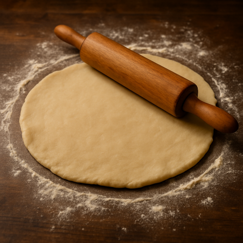 Tender dough rolled out with a rolling pin, ready for pie filling.
