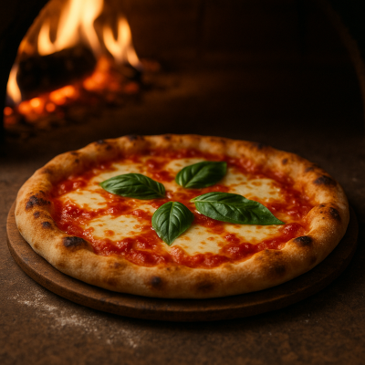Artisan pizza with crispy crust and airy edges, baked at high temperature.